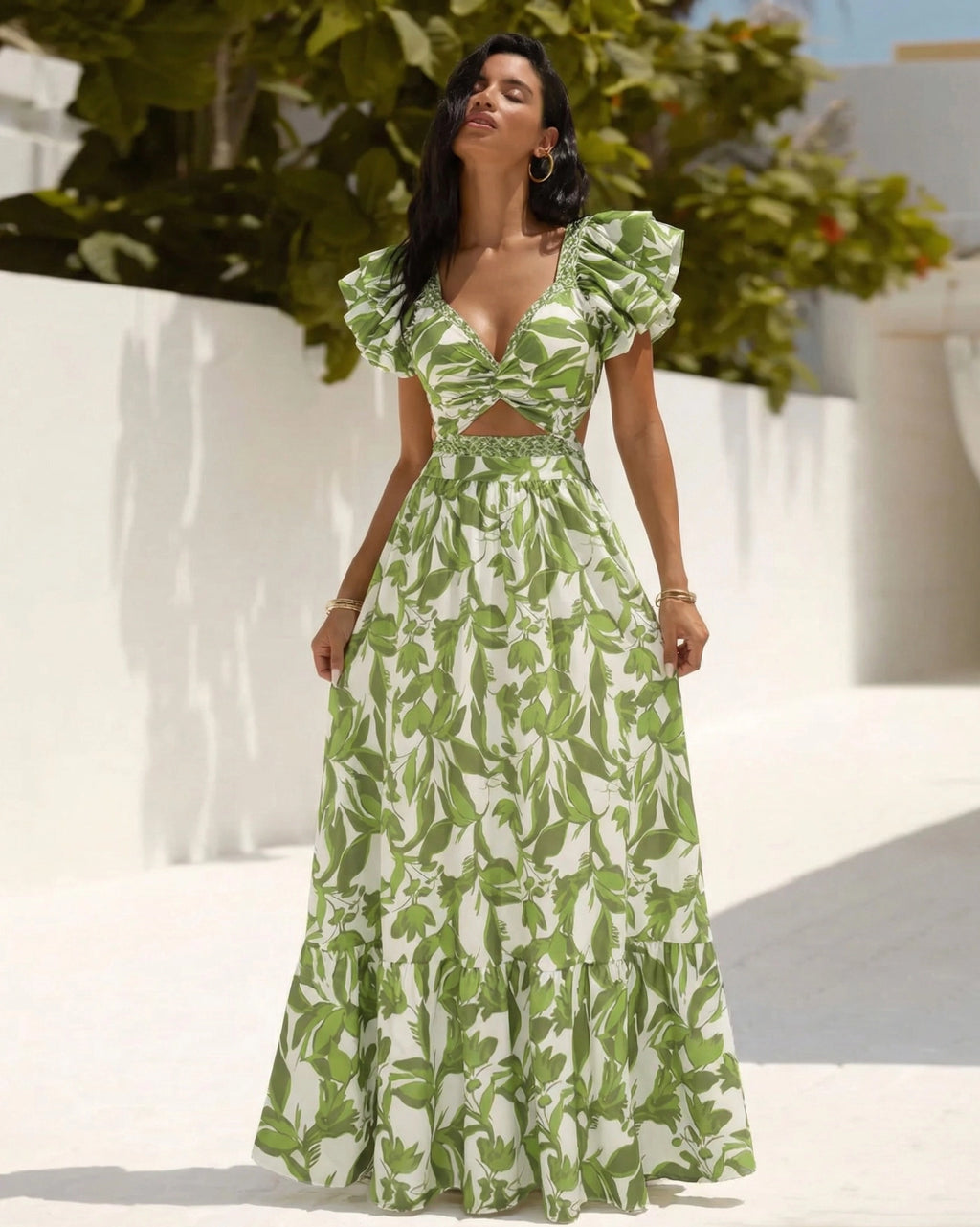 Set Tropical Vert — Maillot Volanté & Jupe Maxi