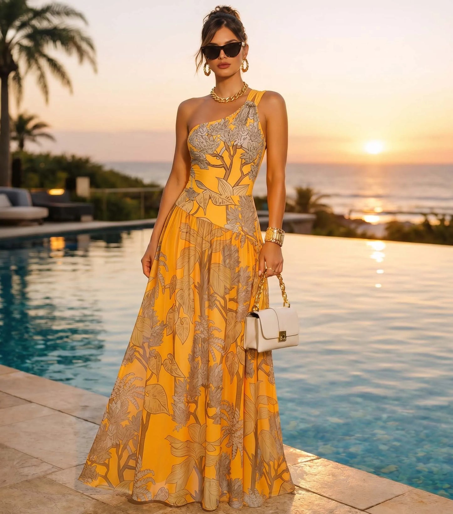 Set Sunny — Maillot Botanique Une Épaule & Jupe Maxi