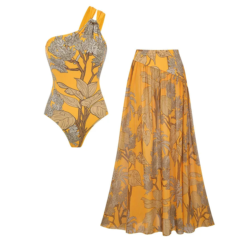 Set Sunny — Maillot Botanique Une Épaule & Jupe Maxi