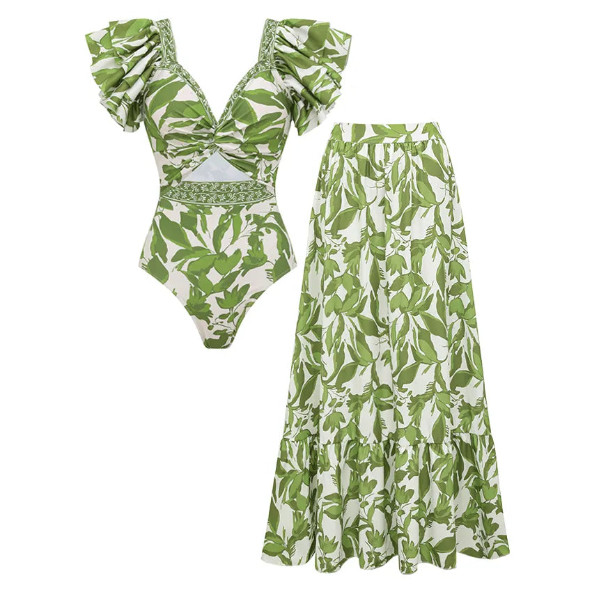 Set Tropical Vert — Maillot Volanté & Jupe Maxi
